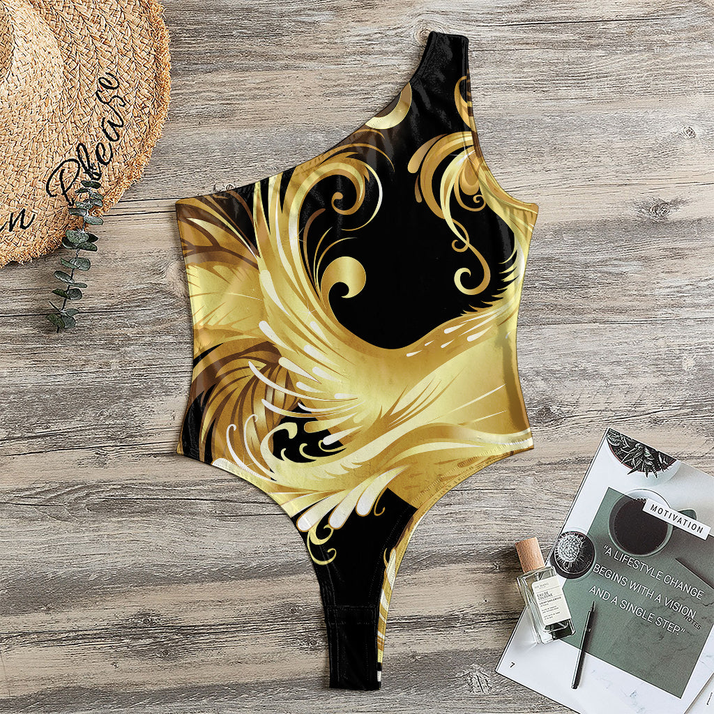 Golden Rooster Print One Shoulder Bodysuit