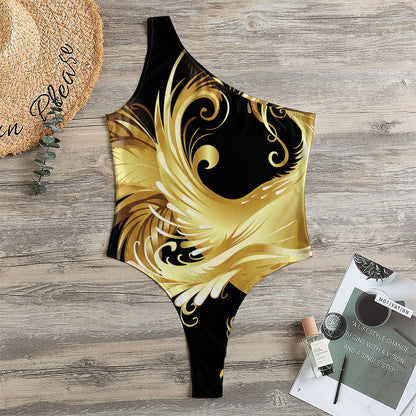 Golden Rooster Print One Shoulder Bodysuit