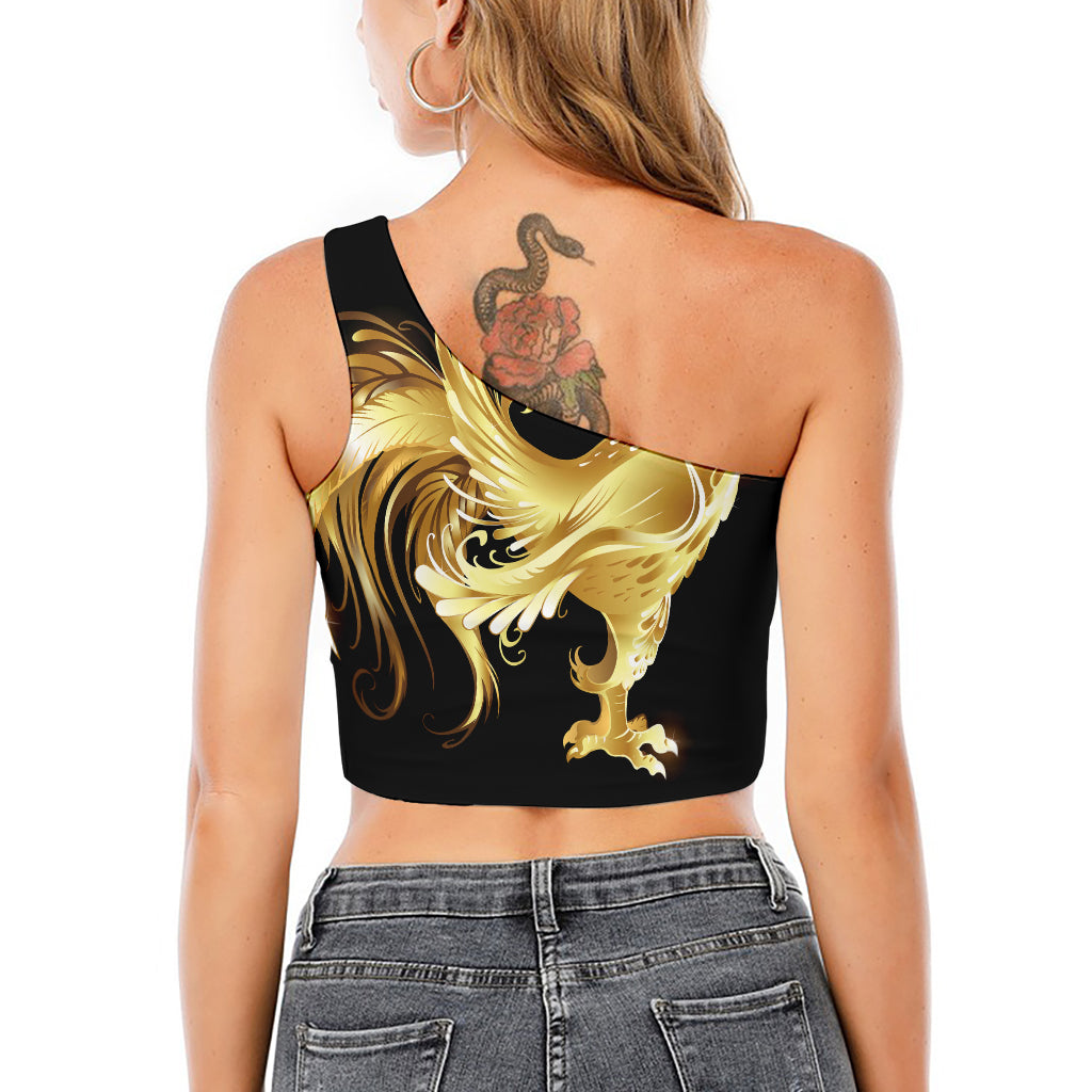 Golden Rooster Print One Shoulder Crop Top