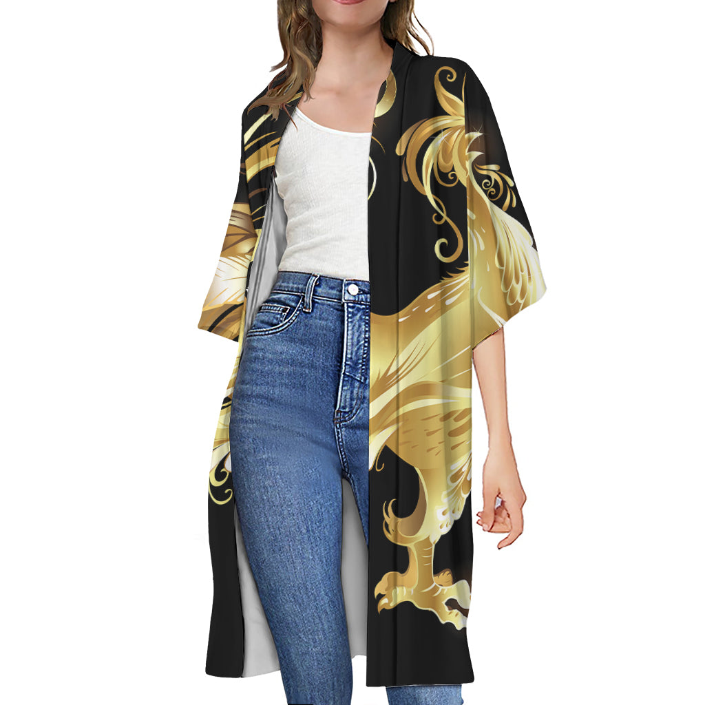 Golden Rooster Print Open Front Beach Cover Up