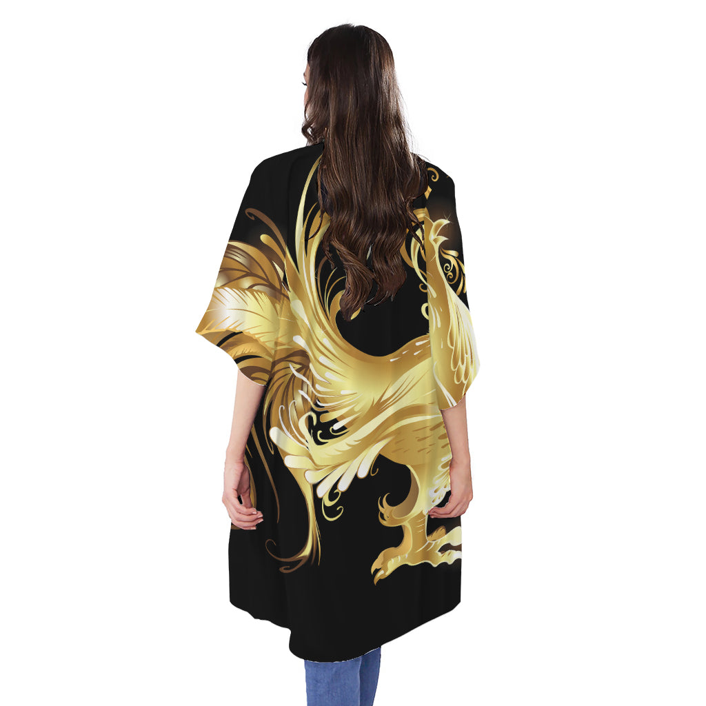 Golden Rooster Print Open Front Beach Cover Up