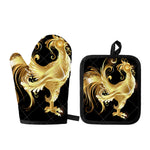 Golden Rooster Print Oven Mitt And Pot Holder Set