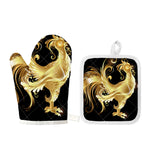 Golden Rooster Print Oven Mitt And Pot Holder Set