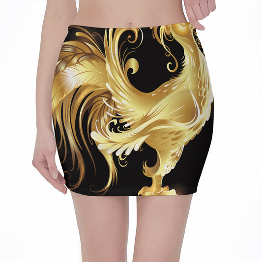 Golden Rooster Print Pencil Mini Skirt