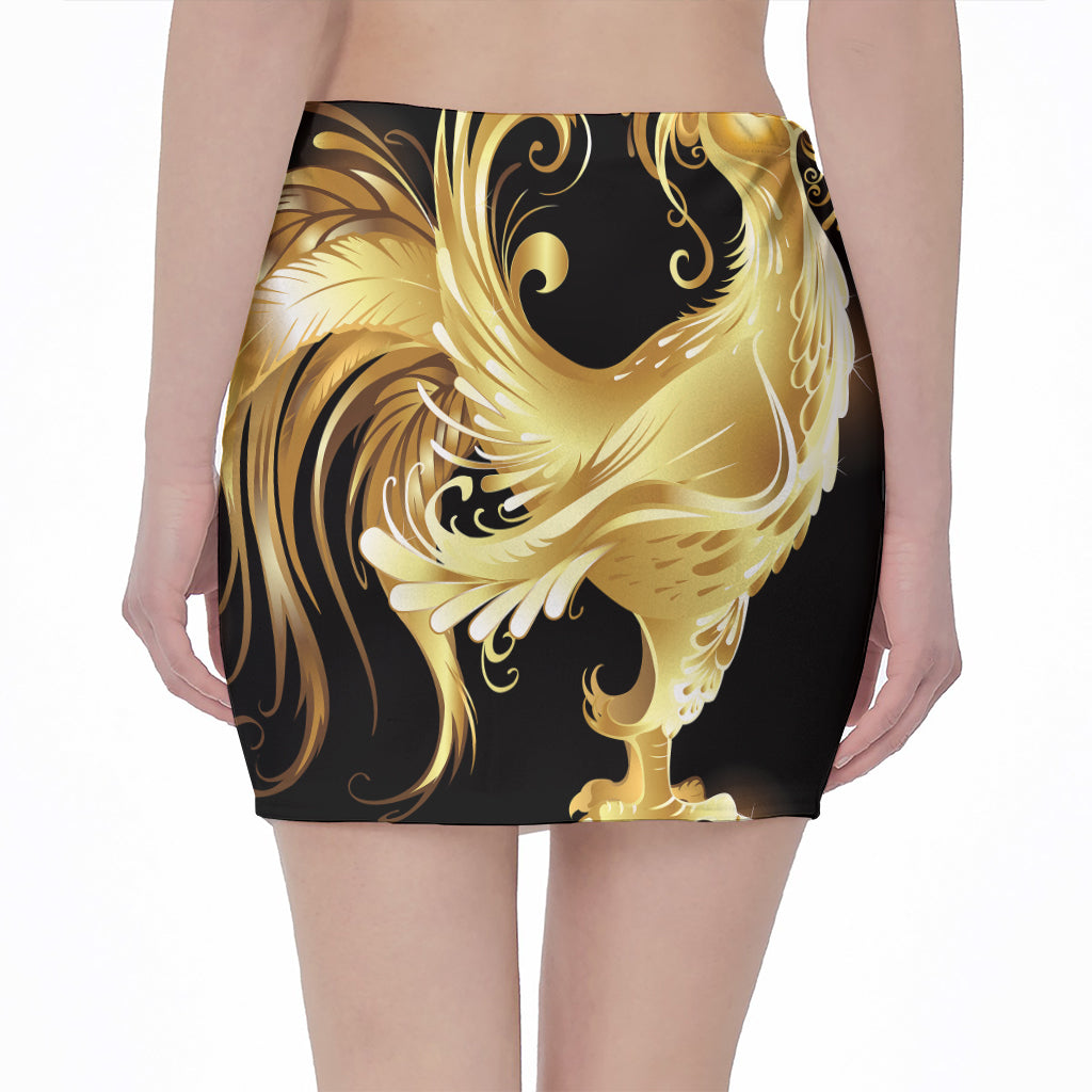 Golden Rooster Print Pencil Mini Skirt