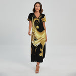 Golden Rooster Print Short Sleeve Maxi Dress