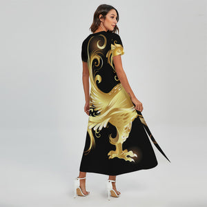 Golden Rooster Print Short Sleeve Maxi Dress