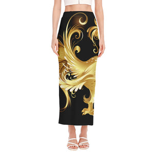 Golden Rooster Print Side Slit Maxi Skirt