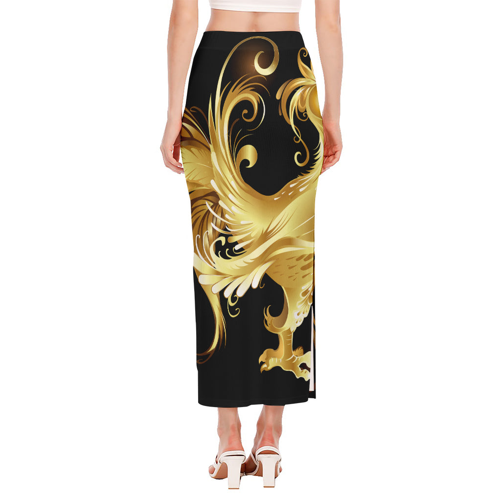 Golden Rooster Print Side Slit Maxi Skirt