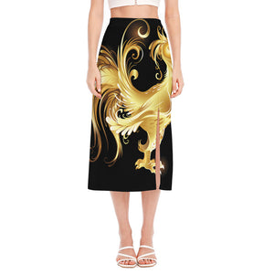 Golden Rooster Print Side Slit Midi Skirt