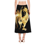 Golden Rooster Print Side Slit Midi Skirt