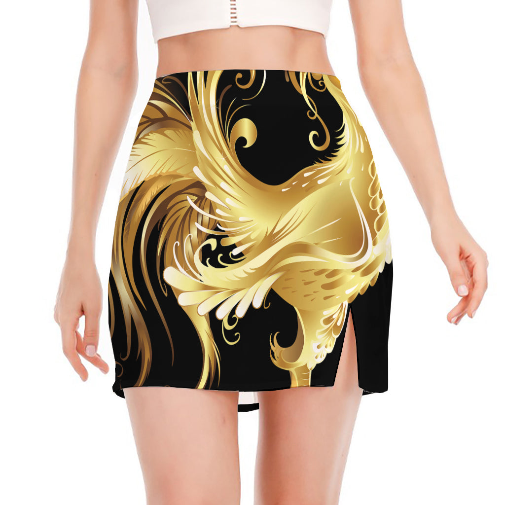 Golden Rooster Print Side Slit Mini Skirt