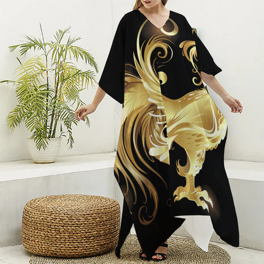 Golden Rooster Print Silk V-Neck Kaftan Dress