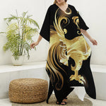 Golden Rooster Print Silk V-Neck Kaftan Dress