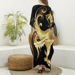 Golden Rooster Print Silk V-Neck Kaftan Dress