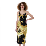 Golden Rooster Print Slim Fit Midi Cami Dress