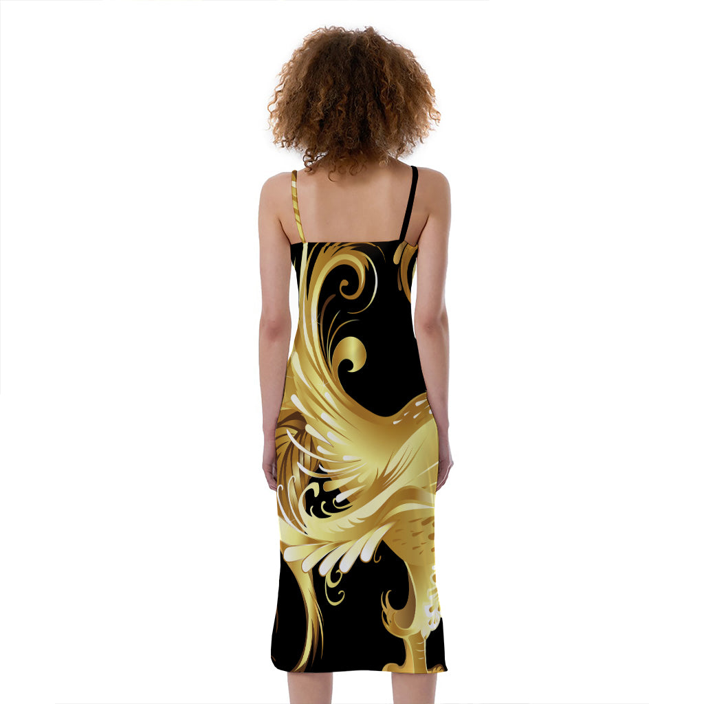 Golden Rooster Print Slim Fit Midi Cami Dress