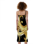 Golden Rooster Print Slim Fit Midi Cami Dress