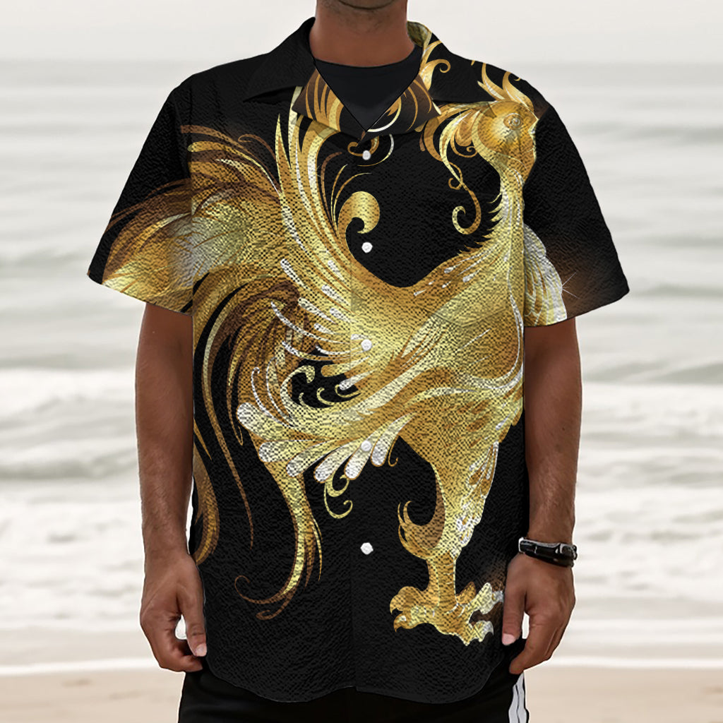 Golden Rooster Print Textured Short Sleeve Shirt