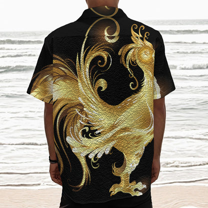 Golden Rooster Print Textured Short Sleeve Shirt