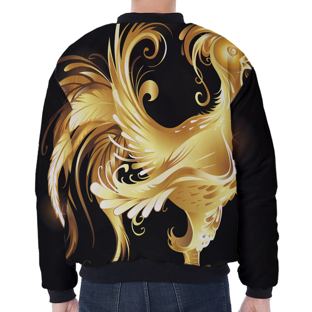 Golden Rooster Print Zip Sleeve Bomber Jacket