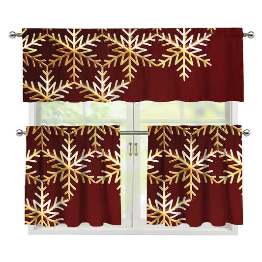 Golden Snowflake Print 3 Piece Kitchen Curtains