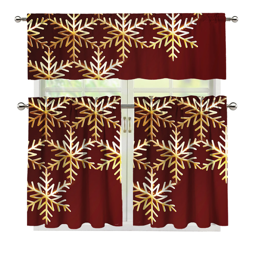 Golden Snowflake Print 3 Piece Kitchen Curtains