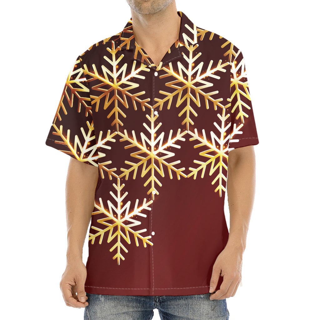 Golden Snowflake Print Aloha Shirt