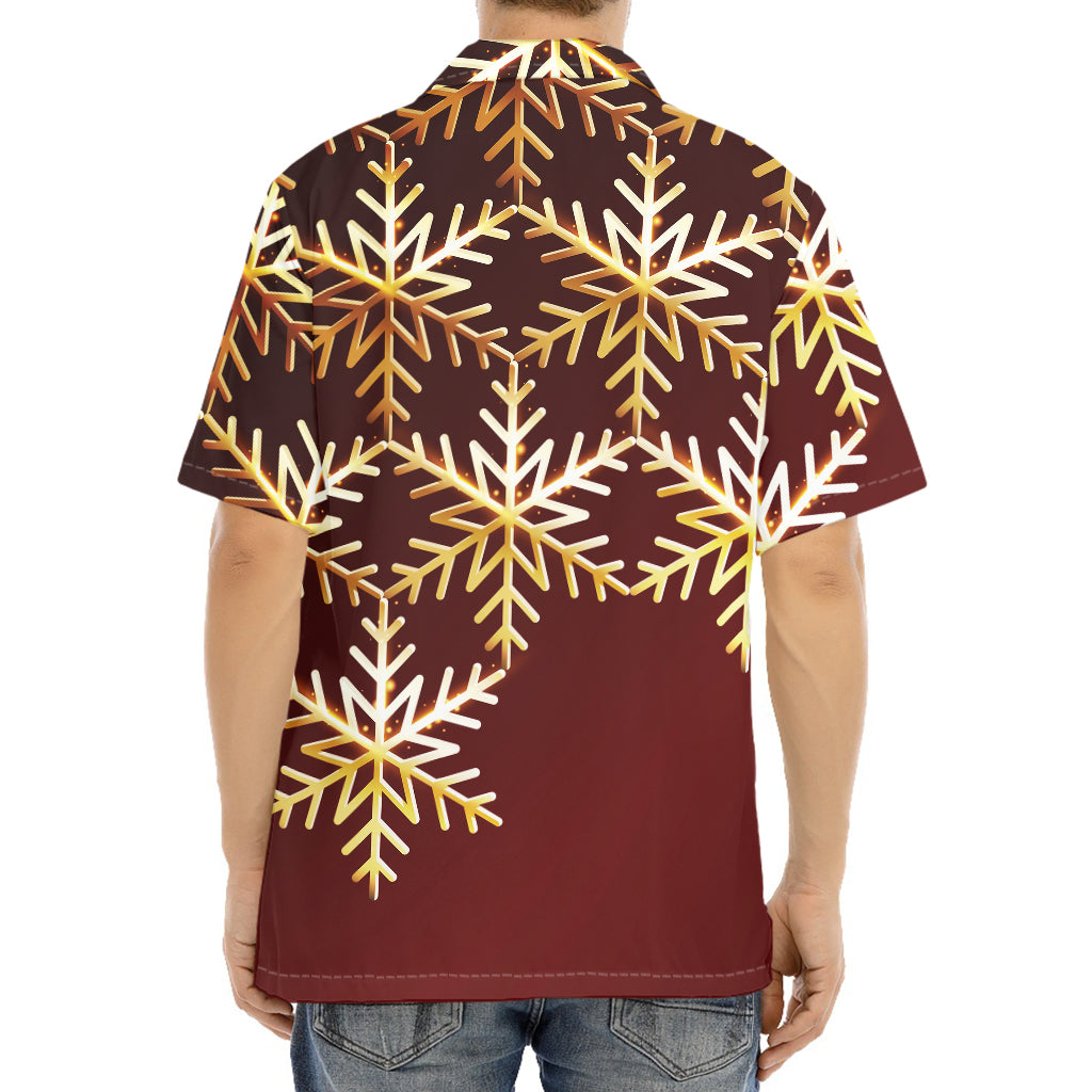 Golden Snowflake Print Aloha Shirt