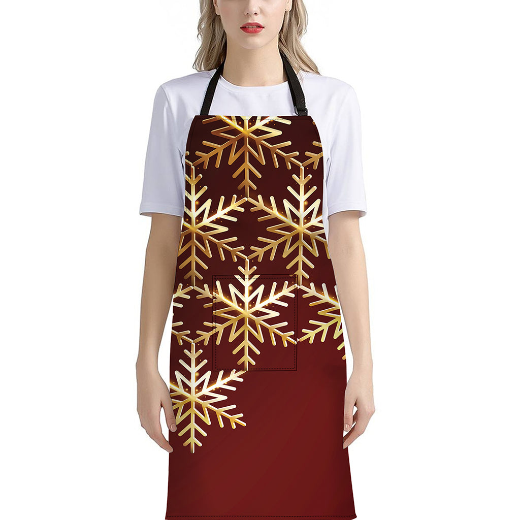 Golden Snowflake Print Bib Apron With Pocket