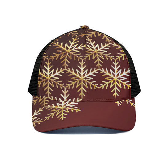 Golden Snowflake Print Black Mesh Trucker Cap
