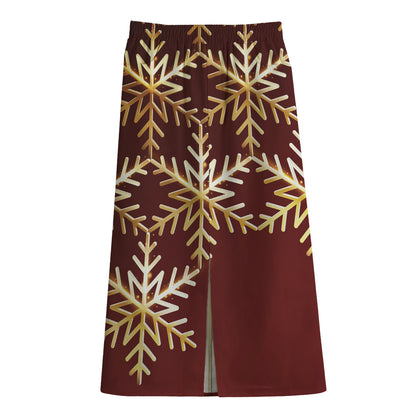 Golden Snowflake Print Cotton Front Slit Maxi Skirt