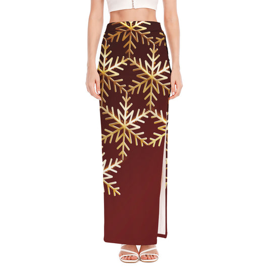 Golden Snowflake Print High Slit Maxi Skirt