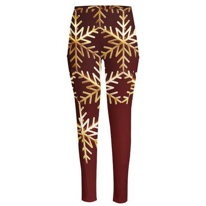Golden Snowflake Print High-Waisted Pocket Leggings