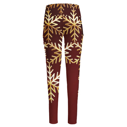 Golden Snowflake Print High-Waisted Pocket Leggings