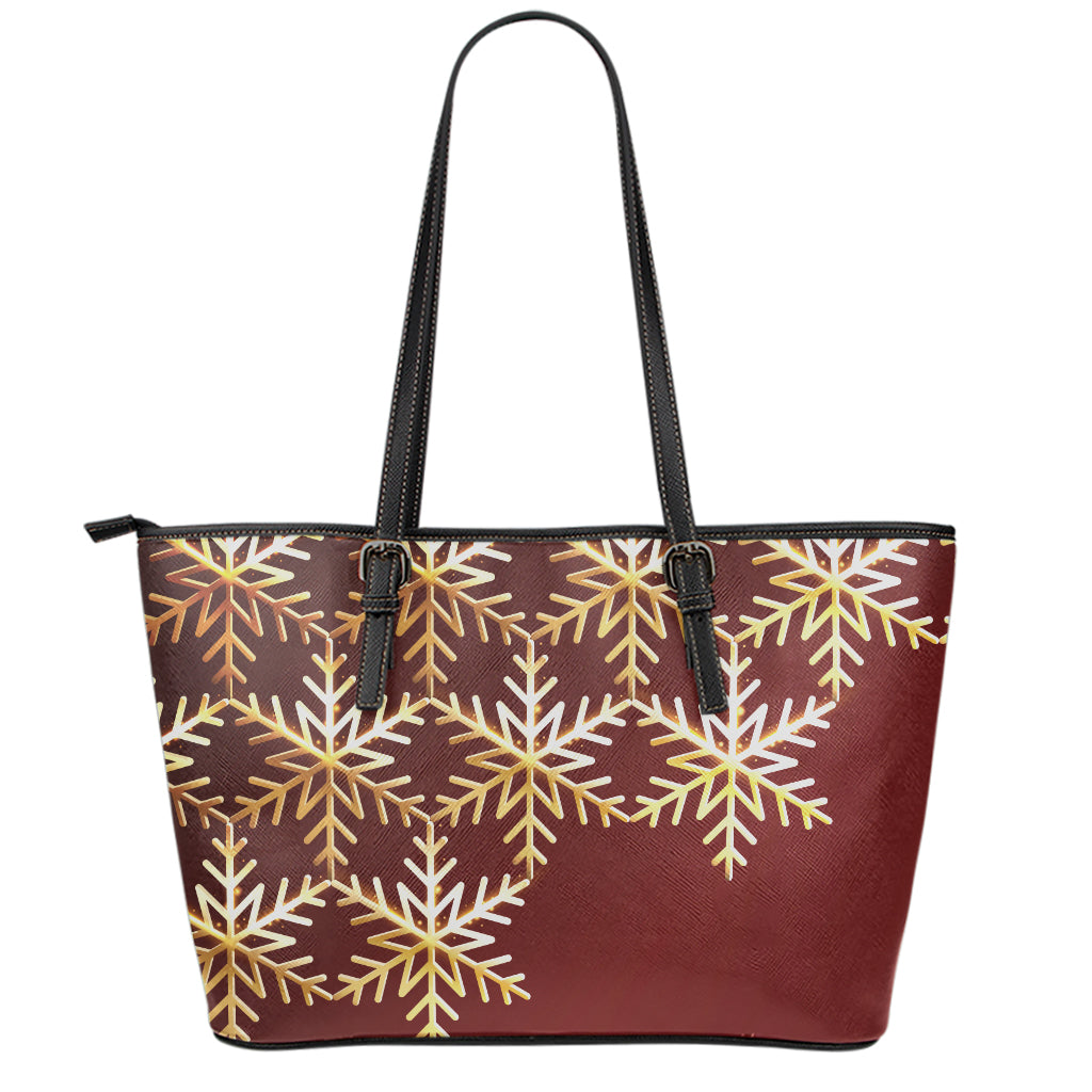 Golden Snowflake Print Leather Tote Bag