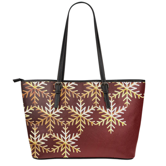 Golden Snowflake Print Leather Tote Bag