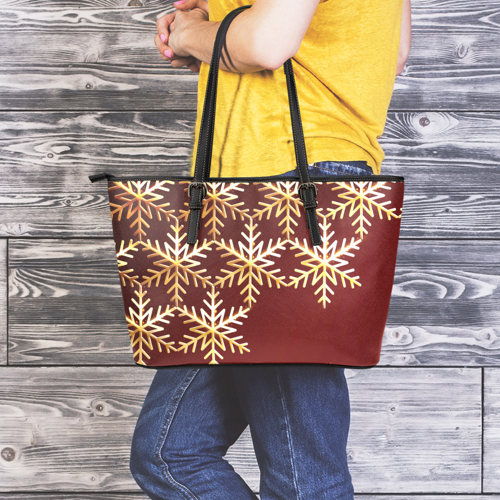 Golden Snowflake Print Leather Tote Bag