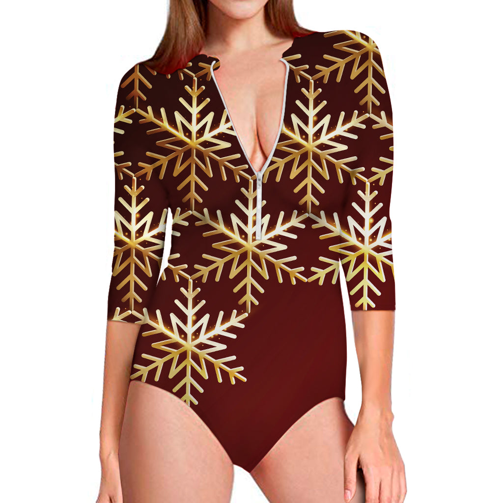 Golden Snowflake Print Long Sleeve Swimsuit