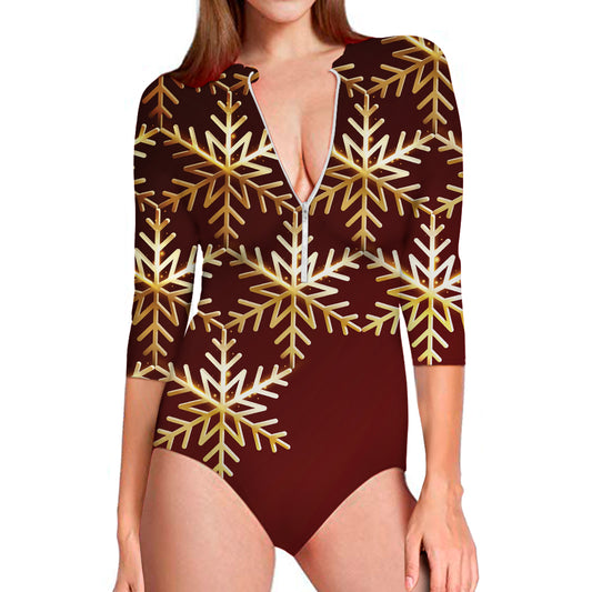 Golden Snowflake Print Long Sleeve Swimsuit