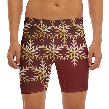 Golden Snowflake Print Men's Long Boxer Briefs