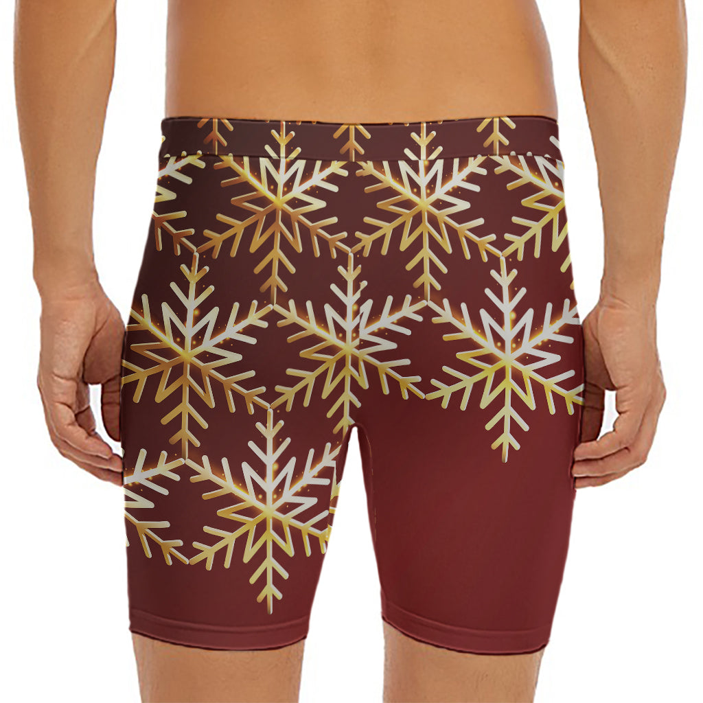 Golden Snowflake Print Men's Long Boxer Briefs