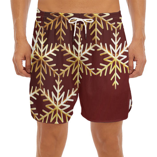 Golden Snowflake Print Men's Split Running Shorts