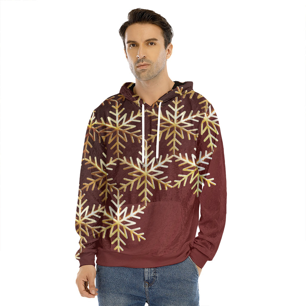 Golden Snowflake Print Men's Velvet Pullover Hoodie
