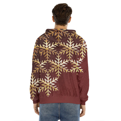 Golden Snowflake Print Men's Velvet Pullover Hoodie
