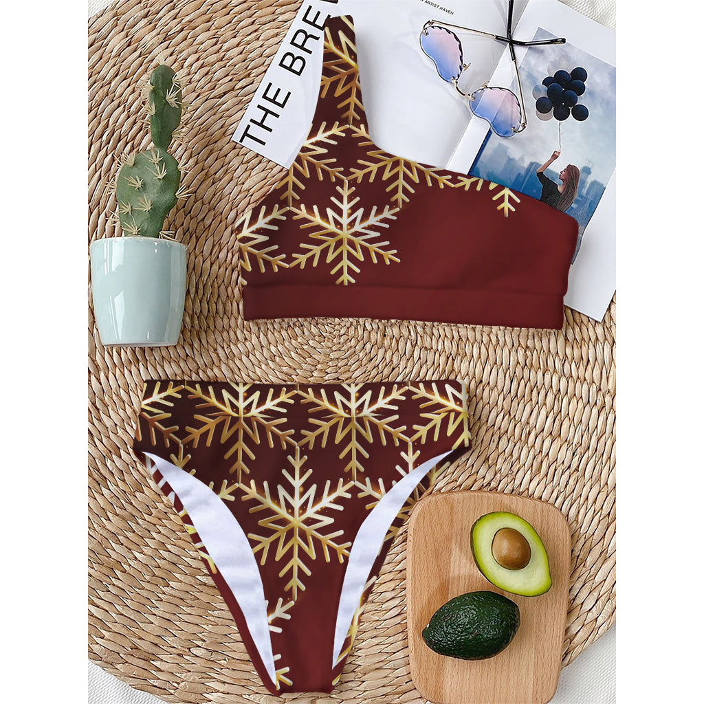 Golden Snowflake Print One Shoulder Bikini Top