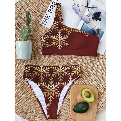 Golden Snowflake Print One Shoulder Bikini Top