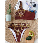 Golden Snowflake Print One Shoulder Bikini Top