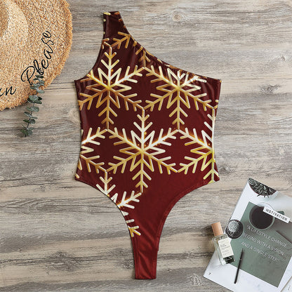 Golden Snowflake Print One Shoulder Bodysuit