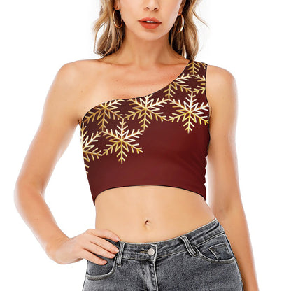 Golden Snowflake Print One Shoulder Crop Top